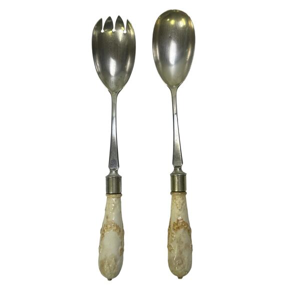 Antique Silver-Plated 11" Salad Serving Set Decorative Floral Porcelain Handles - Picture 1 of 8